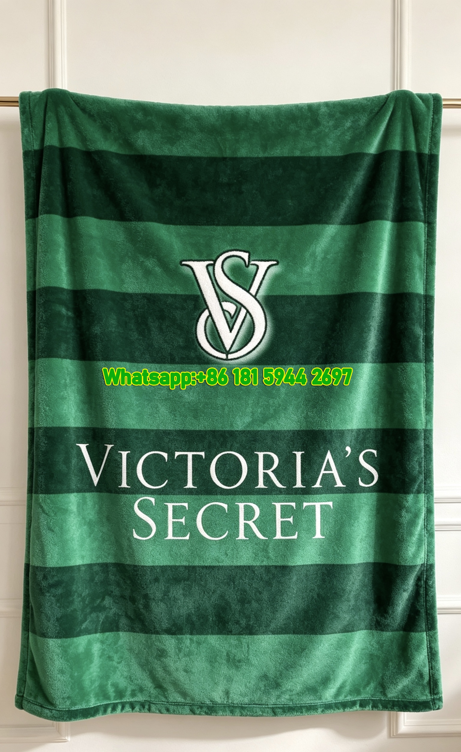 Victoria's Secret Green Stripe VS Logo Flannel Fleece Throw Blanket V024